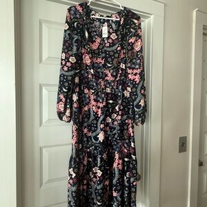 LOFT Black Floral Paisley Maxi Dress with Pink Accents. Perfect for spring!